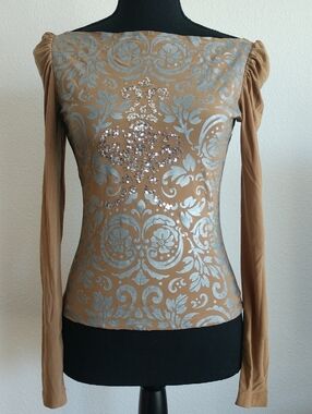 Tea Collection Tan Long Sleeve Top with Silver Baroque Print and Sequin Cross